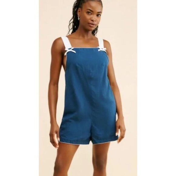 NEW FREE PEOPLE RETROSPECT BOW ROMPER DARK BLUE SMALL - Picture 1 of 10